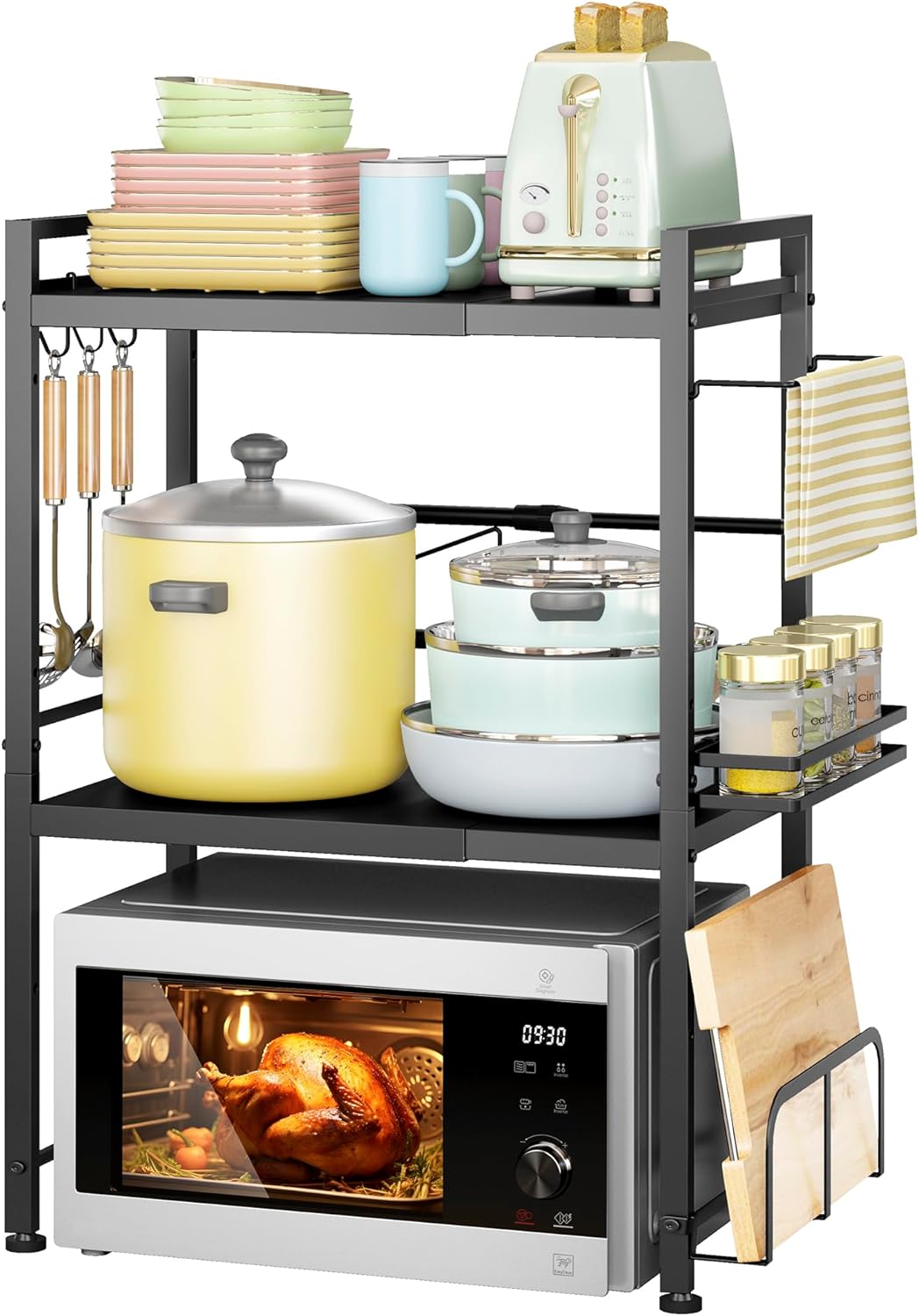DOLALIKE Microwave Oven Rack, Expandable Microwave Stand Countertop Kitchen Utensils Tableware Storage, Carbon Steel Over Microwave Shelf Countertop with 6 Hooks