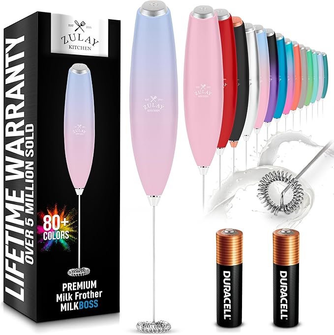 Zulay Kitchen Handheld Milk Frother with Duracell AA Batteries – Ultra Fast Electric Mixer & Foam Maker, Easy-Clean Drink Mixer for Coffee & More - Lavender