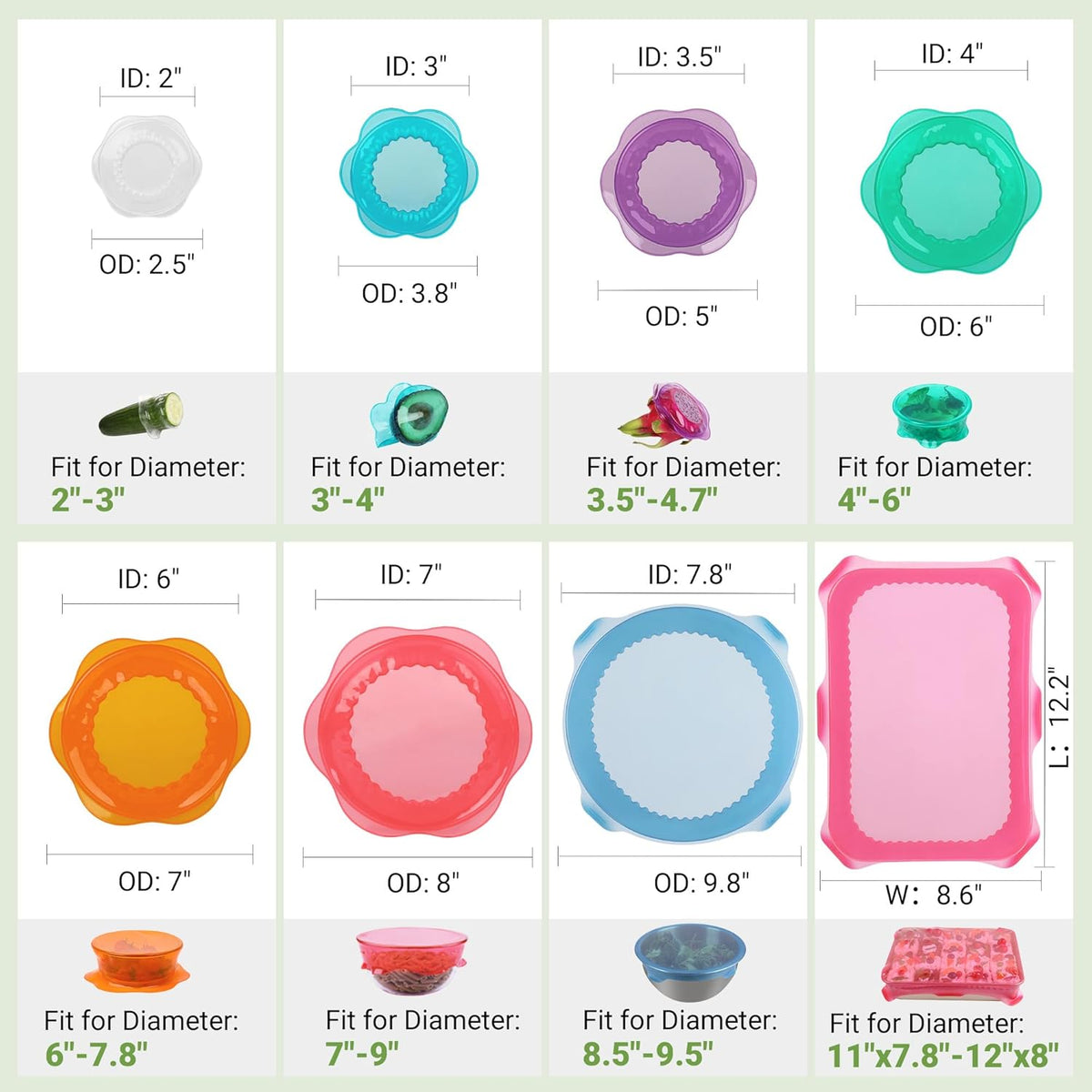 Silicone Stretch Lids for Food Storage in Fridge, Reusable Elastic Bowl Covers for Cup, Cans, Jars, Round & Rectangle Container, Food Grade Silicone Microwave Food Cover, Heat-Resistant, 8PCS