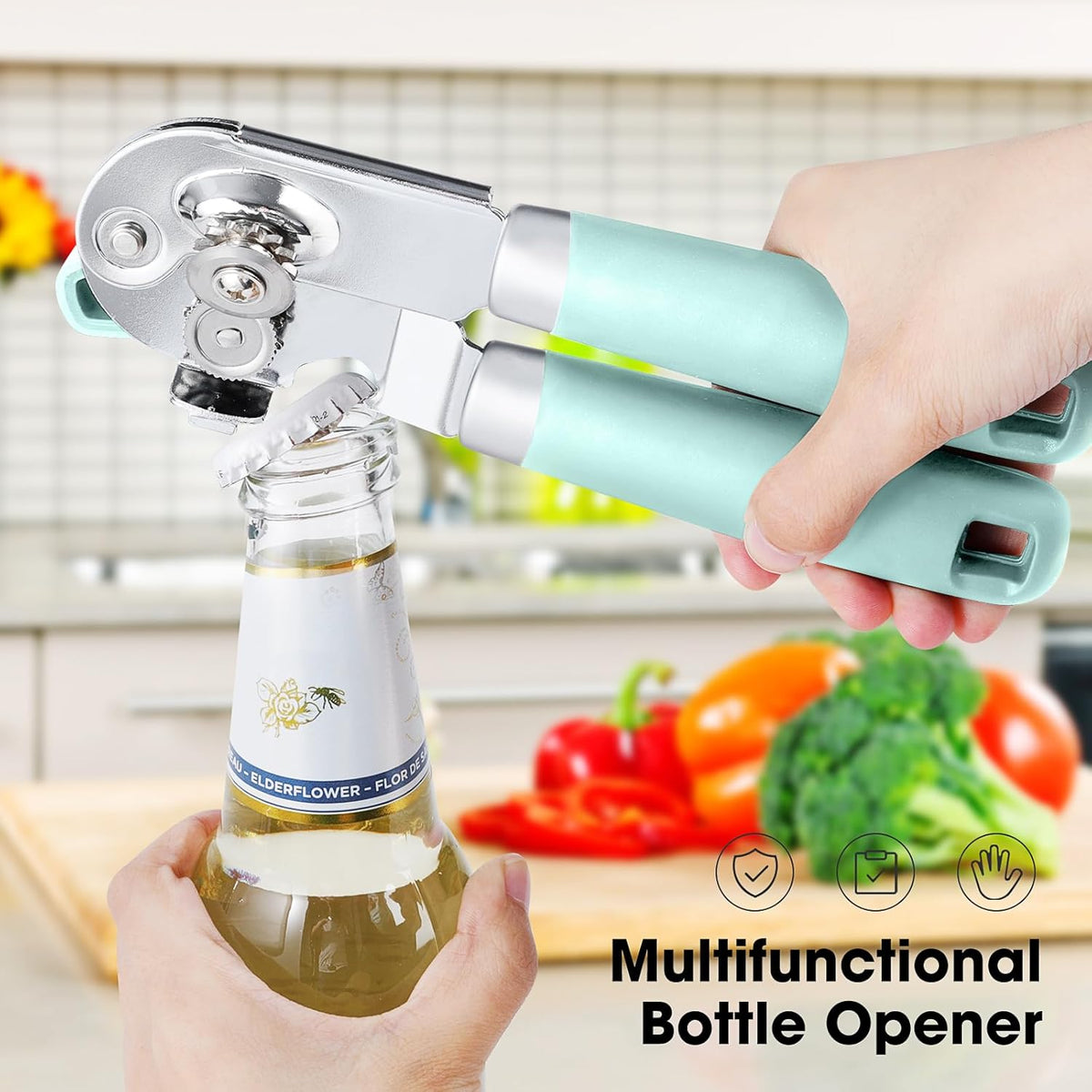 Beneno Can Opener Manual with Magnet, Hand Held Heavy Duty Can Opener with Durable Sharp Blade Smooth Edge, Big Effort-Saving Knob, Soft Grip Rubber Handle, Multifunctional Bottle Opener, Mint