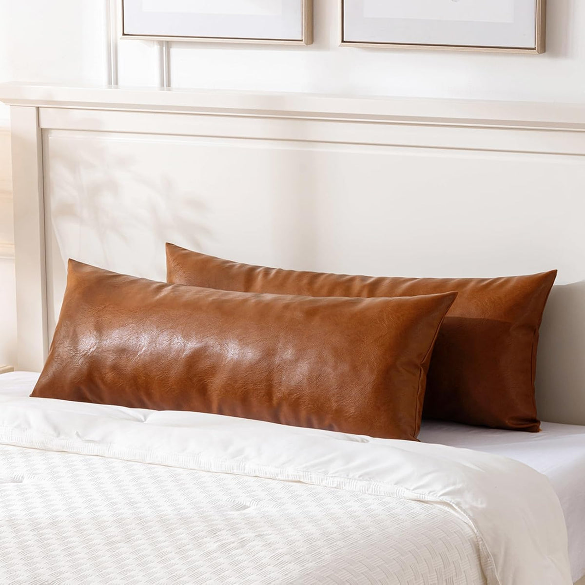 Fancy Homi Brown Boho Long Lumbar Faux Leather Body Decorative Throw Pillow Cover 14x40 Inch for Bedroom Couch Bed Sofa Bench, Thick Stylish Solid Square PillowCase, Rustic Modern Farmhouse Room Decor