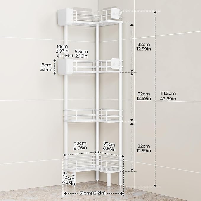 Orimade Rustproof 4 Tier Floor Standing Corner Shower Caddy Organizer with Toothbrush Holder, Large Spacing Floor Shower Shelf Rack Storage Stands with Hooks for Bathroom Kitchen, White