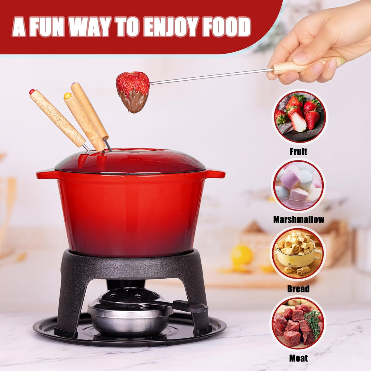 Mabeeze Cast Iron Fondue Pot Set for Cheese, Chocolate or Meat - Red Enameled 1.6 Qt Pot - Includes 6 Fondue Forks