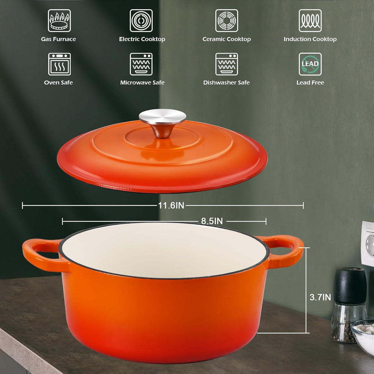 3QT Dutch Oven Pot with Lid, Leonyo 3 Quart Enameled Cast Iron Dutch Oven for Sourdough Bread Baking, Heavy Duty Cookware for Braising, Stews, Roasting, Orange