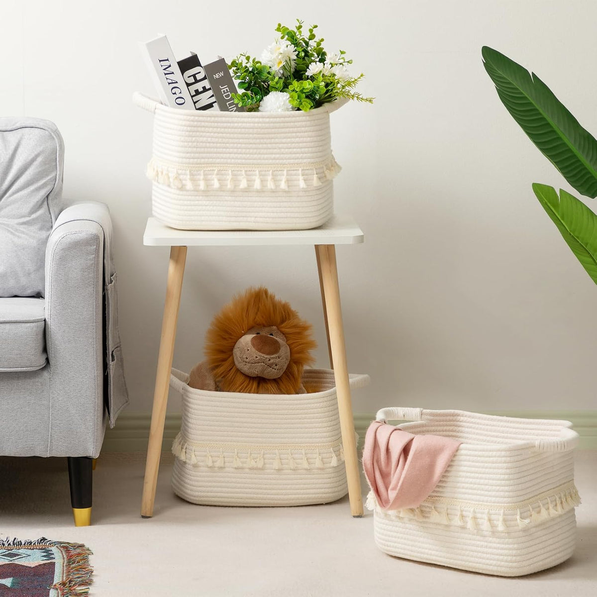 TeoKJ White Cotton Rope Baskets for Storage, Set of 3 Woven Clothes Basket for Organizing and Storage, Blanket Basket for Living Room Laundry Bathroom Shelves