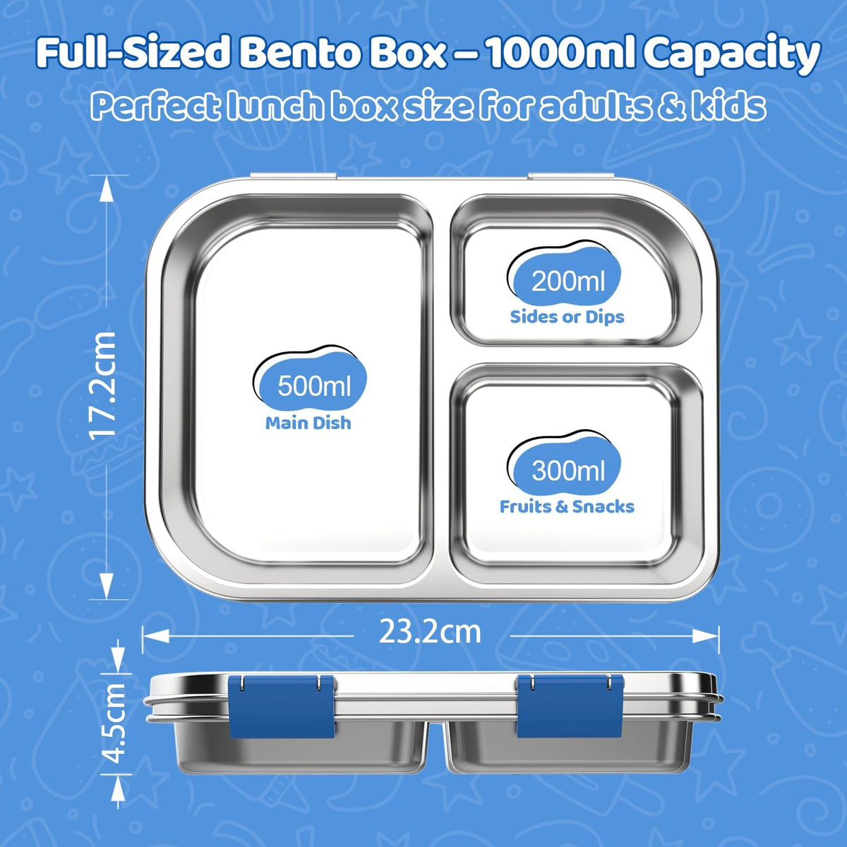 Stainless Steel Lunch Box 1000ml - 3 Compartment Bento Box for Kids & Adults, Leakproof Food Container, BPA-Free Metal Lunch Box with Silicone Seal, Eco-Friendly/Dishwasher Safe (Blue)