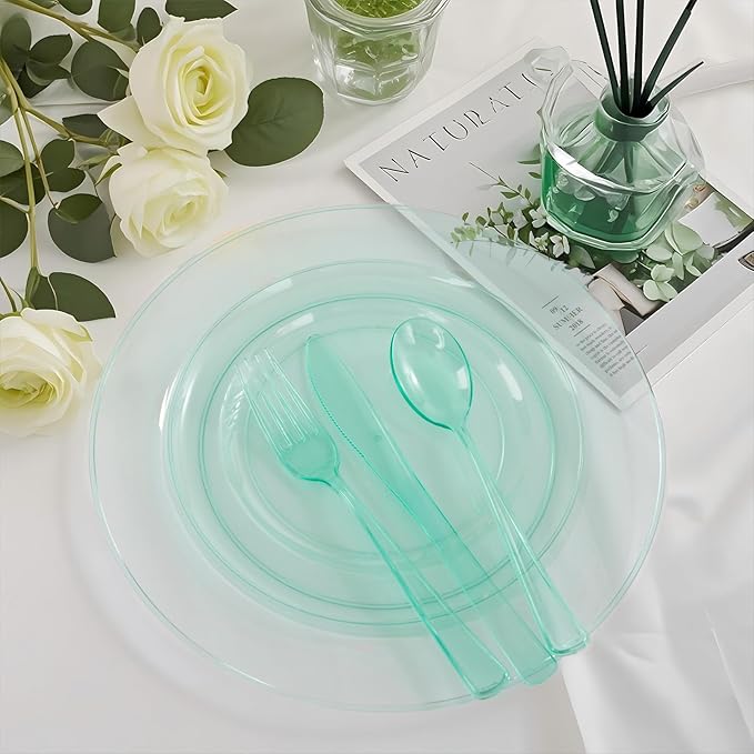 WDF 180 Pieces Green Plastic Silverware Disposable - Clear Green Cutlery Sets 60 Forks, 60 Knives and 60 Spoons - Heavy Duty Plastic Utensils for Party, Summner