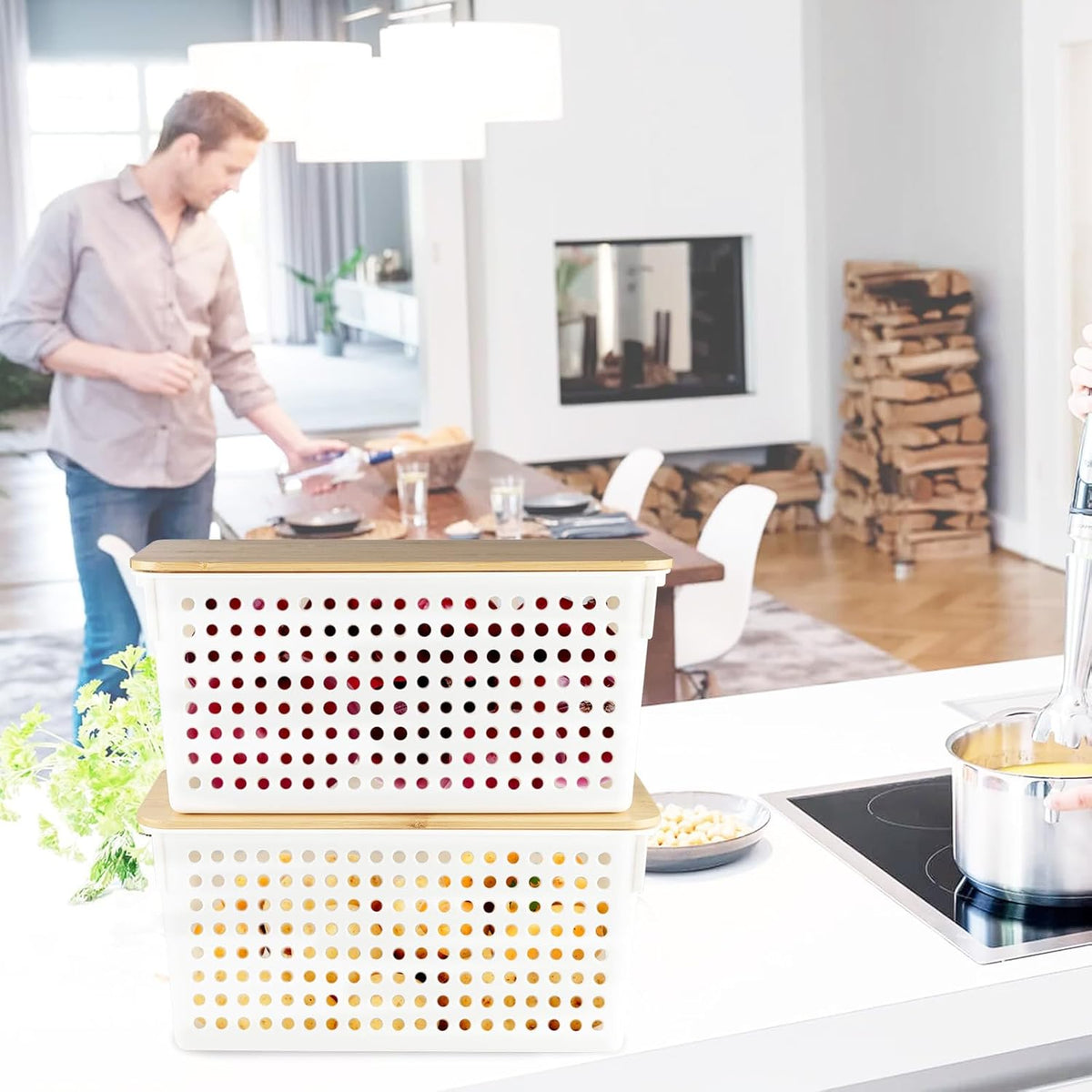 2 Set Pantry Organizer and Storage, Plastic Potato and Onion Storage with Wooden Lid, Stackable Potato Storage Onion Holder, Kitchen Pantry Baskets for Onion Potato Fruit Produce Vegetable