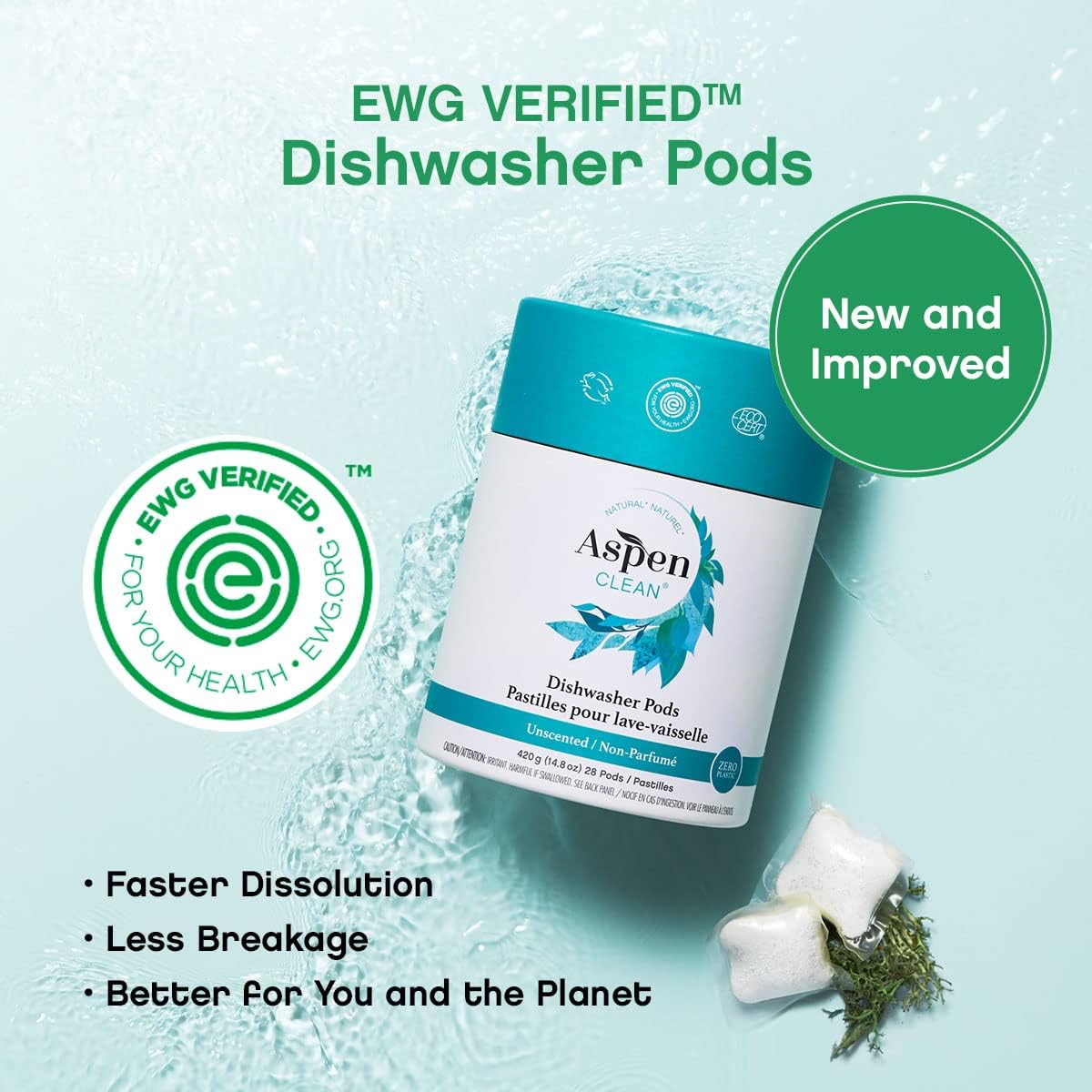 Unscented Dishwasher Pods by AspenClean, Dye-Free, Zero Plastic, Vegan, Eco-Friendly, Natural Dishwasher Detergent, EWG Verified™ - 28 Count (3 Pack)