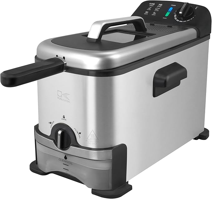 Kalorik Deep Fryer with Oil Filtration, Featuring Adjustable Temperature Control Dishwasher-Safe Basket and Easy-View Window with Odor Filters, 1700-Watts, 3.2-Quart, Silver