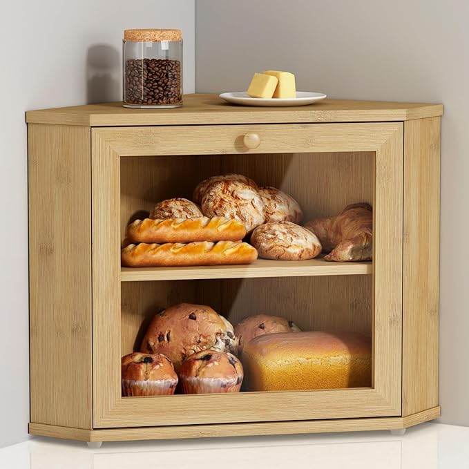 Goozii Bamboo Corner Bread Box for Kitchen Counter, 2 Tier Bread Keeper Wooden Round, Farmhouse Bread Storage Bin for Kitchen Countertop, Counter Organizer for Bread, Cup, Fruit, Spice, Snack