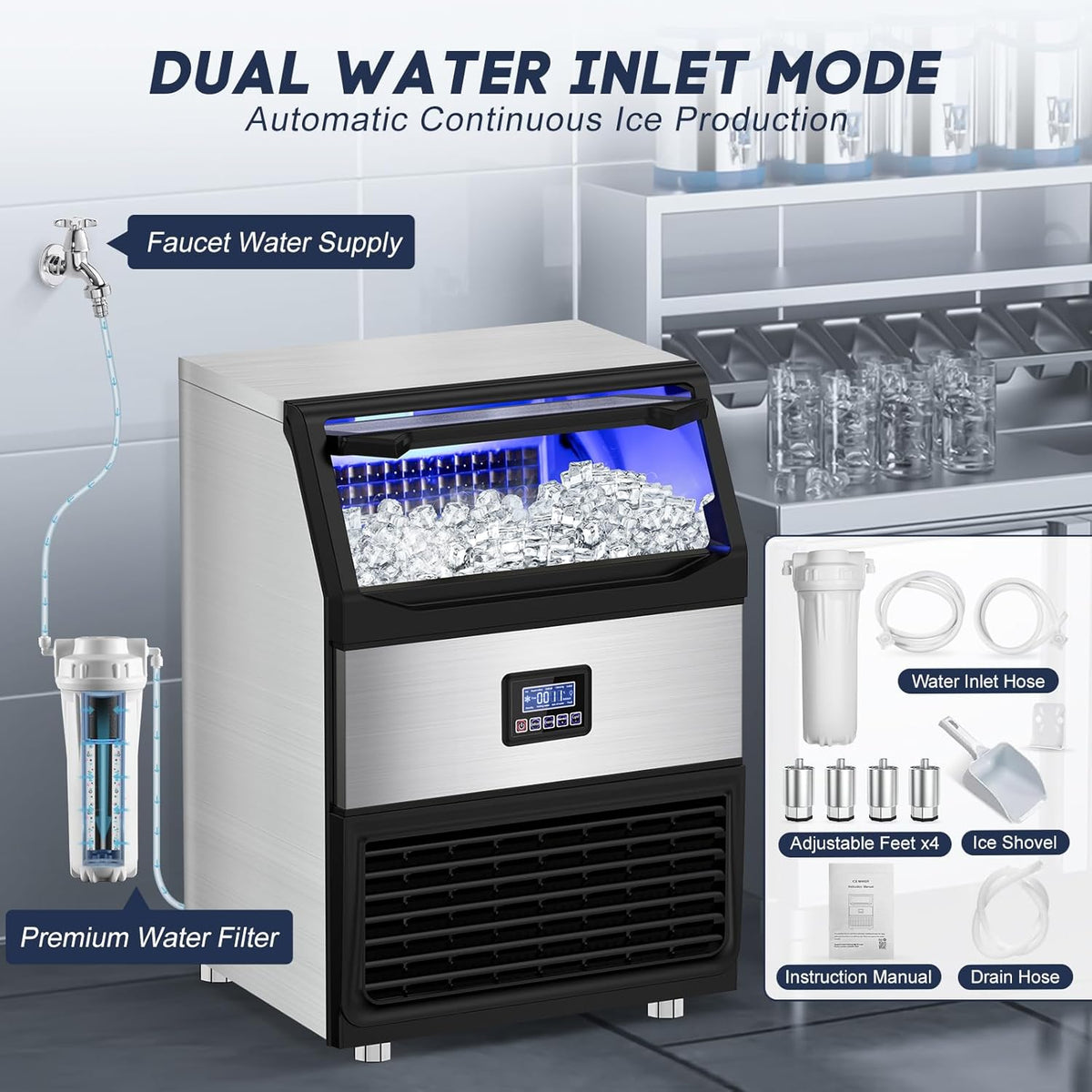 Commercial Ice Maker Machine – 250 Lbs/24H, 75 Lbs Storage Bin, 80 Ice Cubes in 8 Minutes – Freestanding Ice Machine with Water Filter and Scoop for Restaurant, Bar, Home, and Office