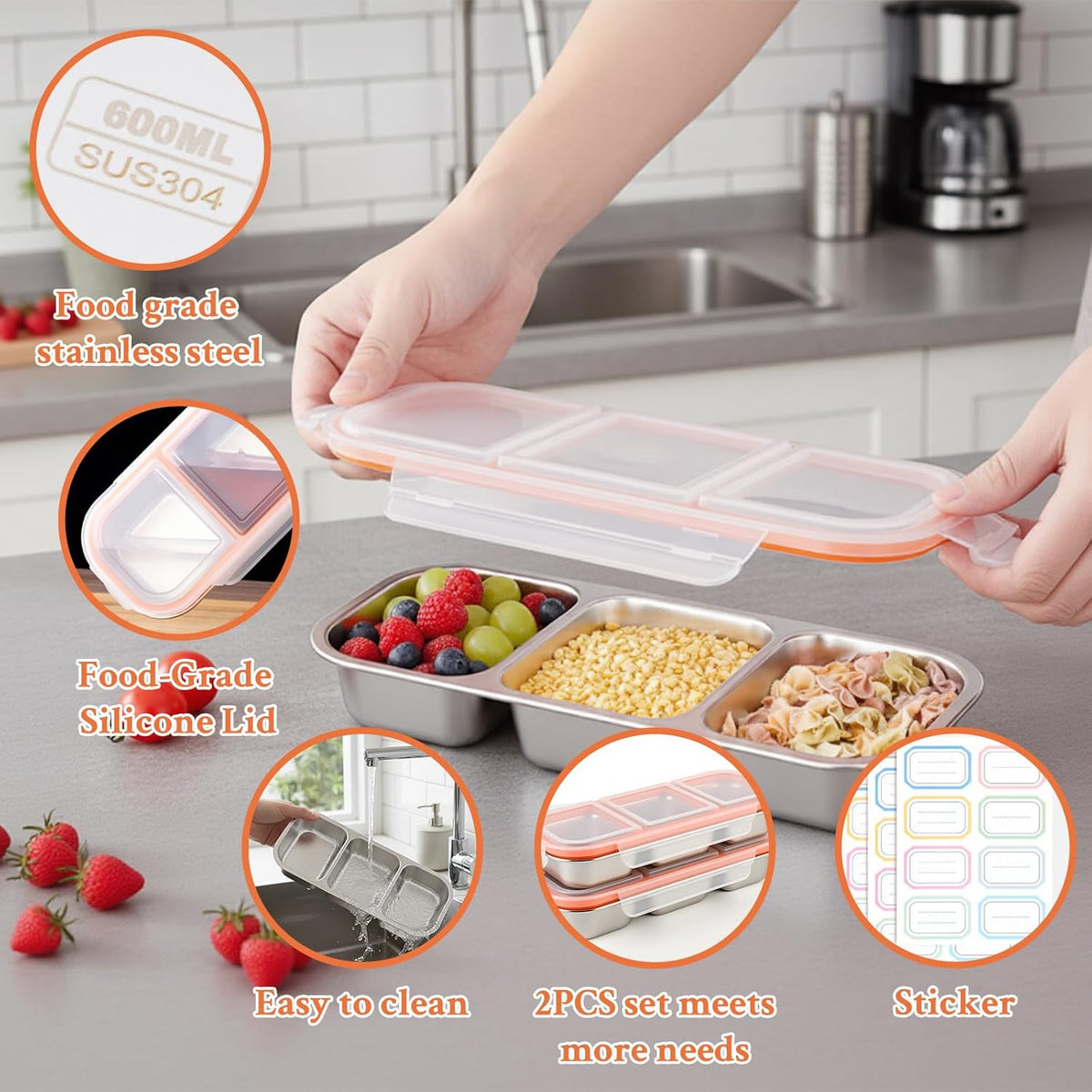 2 Pack Stainless Steel Snack Containers, 3 Compartment Snack boxes, Reusable Snack Containers with Lids for Adults - Leakproof Divided Metal Food Storage Bento Lunch Box for Work, Office, Travel