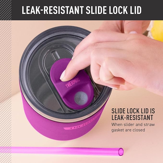 THERMOS Stainless Steel Cup Holder Mug - 40 Ounce, Plum - Insulated Tumbler with Lid and Straw, Plus Leak-Resistant Slide Lock