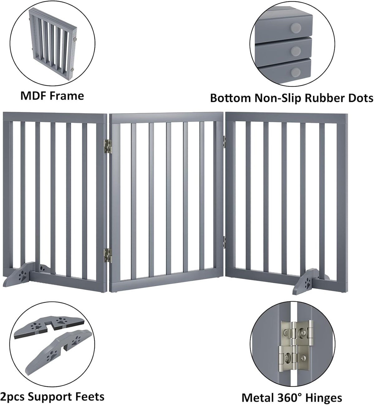 Freestanding Wooden Dog Gate - 24 Inch Tall, Support Feet, Step Over, Indoor