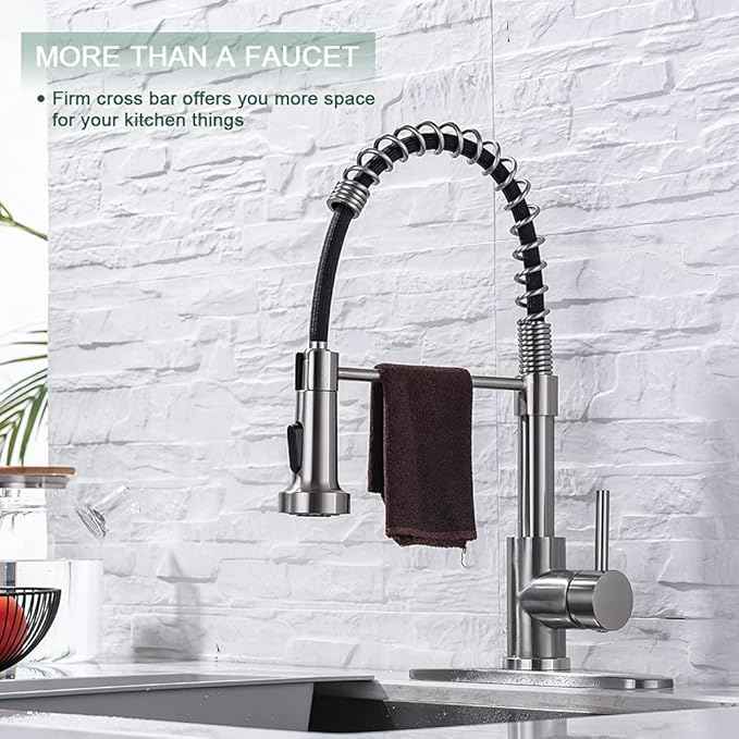 WEWE Kitchen Faucets, Commercial Brushed Nickel Stainless Steel Pull Down Sprayer Single Hole Single Handle RV Farmhouse Laundry Outdoor Faucet for Kitchen Sink, llaves para fregaderos de cocina