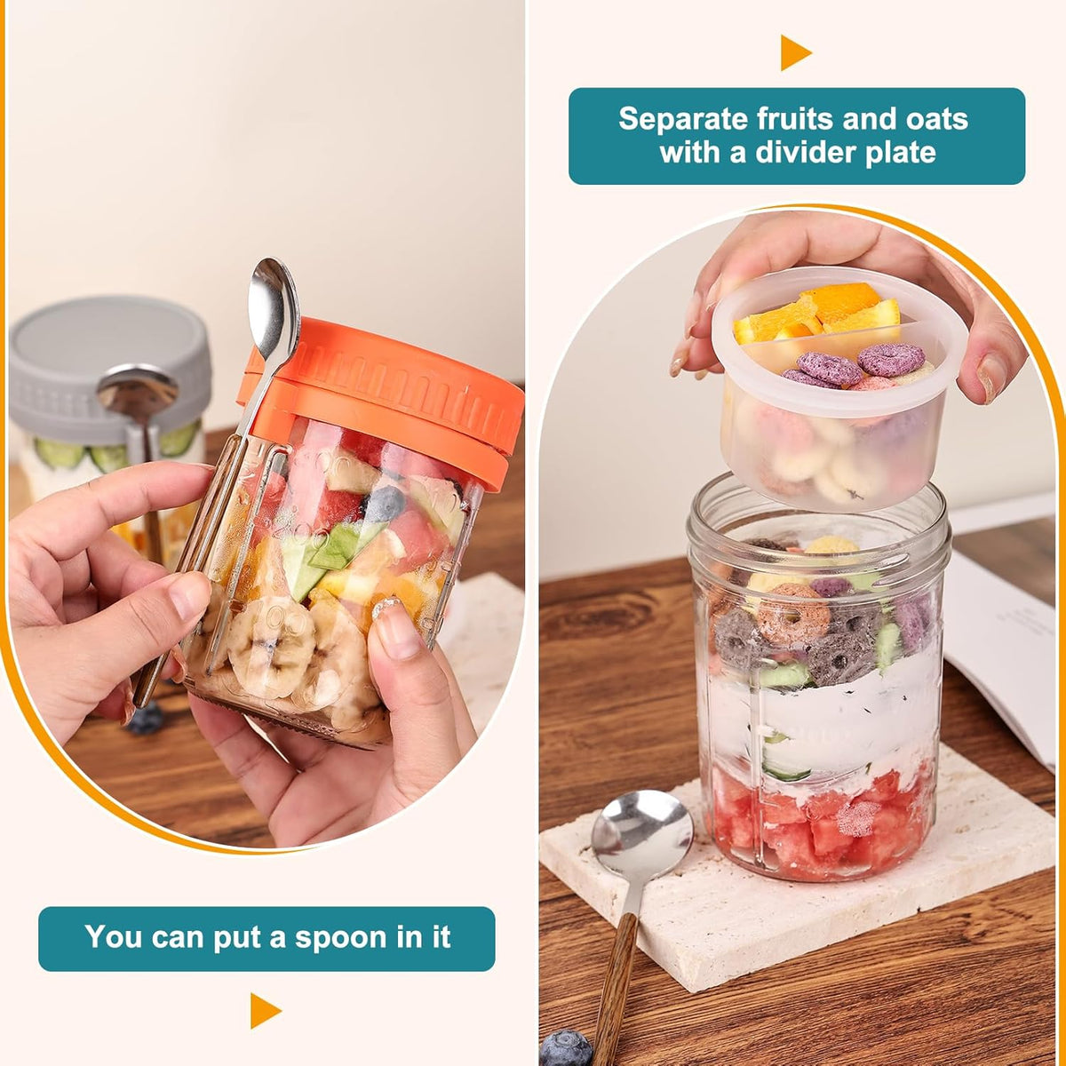 6 Pack Overnight Oats Containers with Lids and Spoons, 16 OZ Glass Mason Jars with Removable Separate Compartments, Airtight Leak Proof Oatmeal Container for Chia Pudding, Yogurt, Breakfast, Cereal