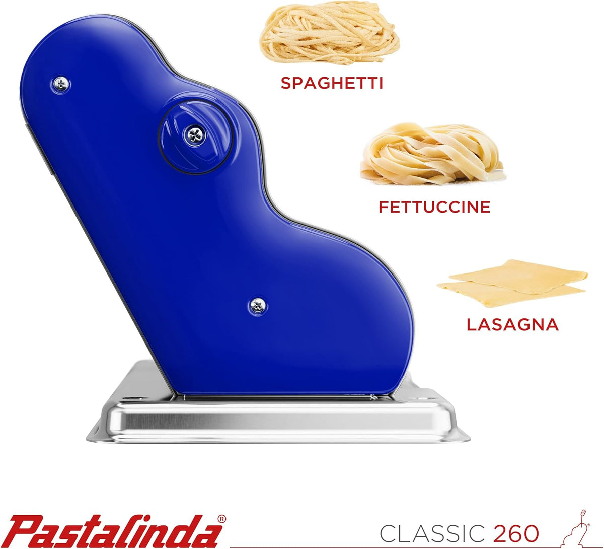 PASTALINDA Classic 260 Pasta Maker Machine, 26 cm Wide Rollers, 9 Thickness Positions, 2 Cutting Positions, Stainless Steel. Includes Reinforced Hand Crank And Two Clamps (Blue)