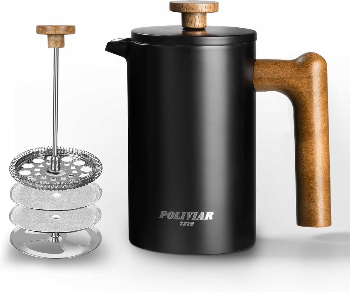 POLIVIAR French Press Coffee Maker, 21 oz Coffee Press with Real Wood Handle, Double Wall Insulation & Dual-Filter Screen, Food Grade Stainless Steel for Good Coffe and Tea, JX2024-SFPB