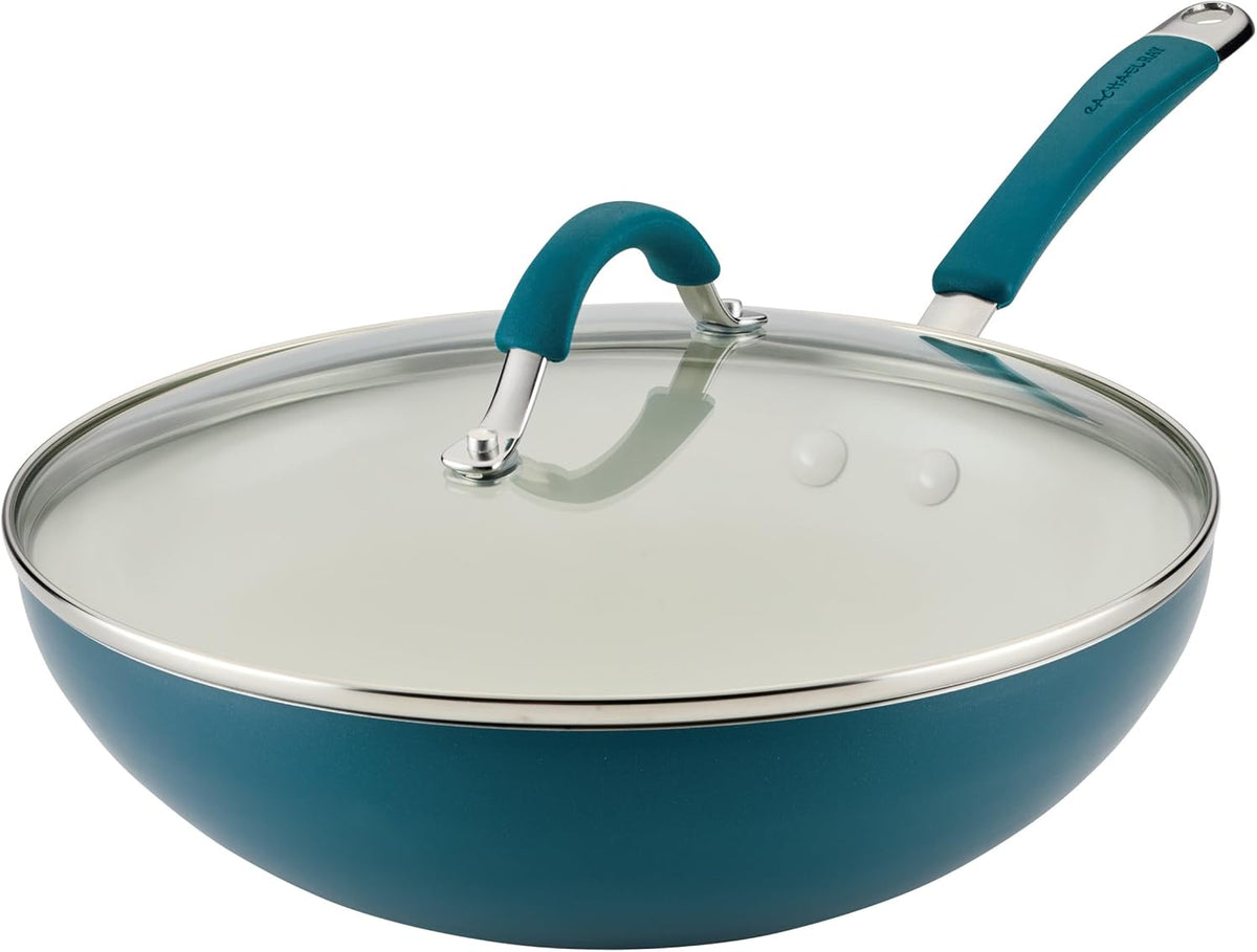 Rachael Ray Cucina Ceramic Nonstick Stir Fry Pan and Lid, 11 Inch Non Stick Wok Pan, Dishwasher Safe - Marine Blue