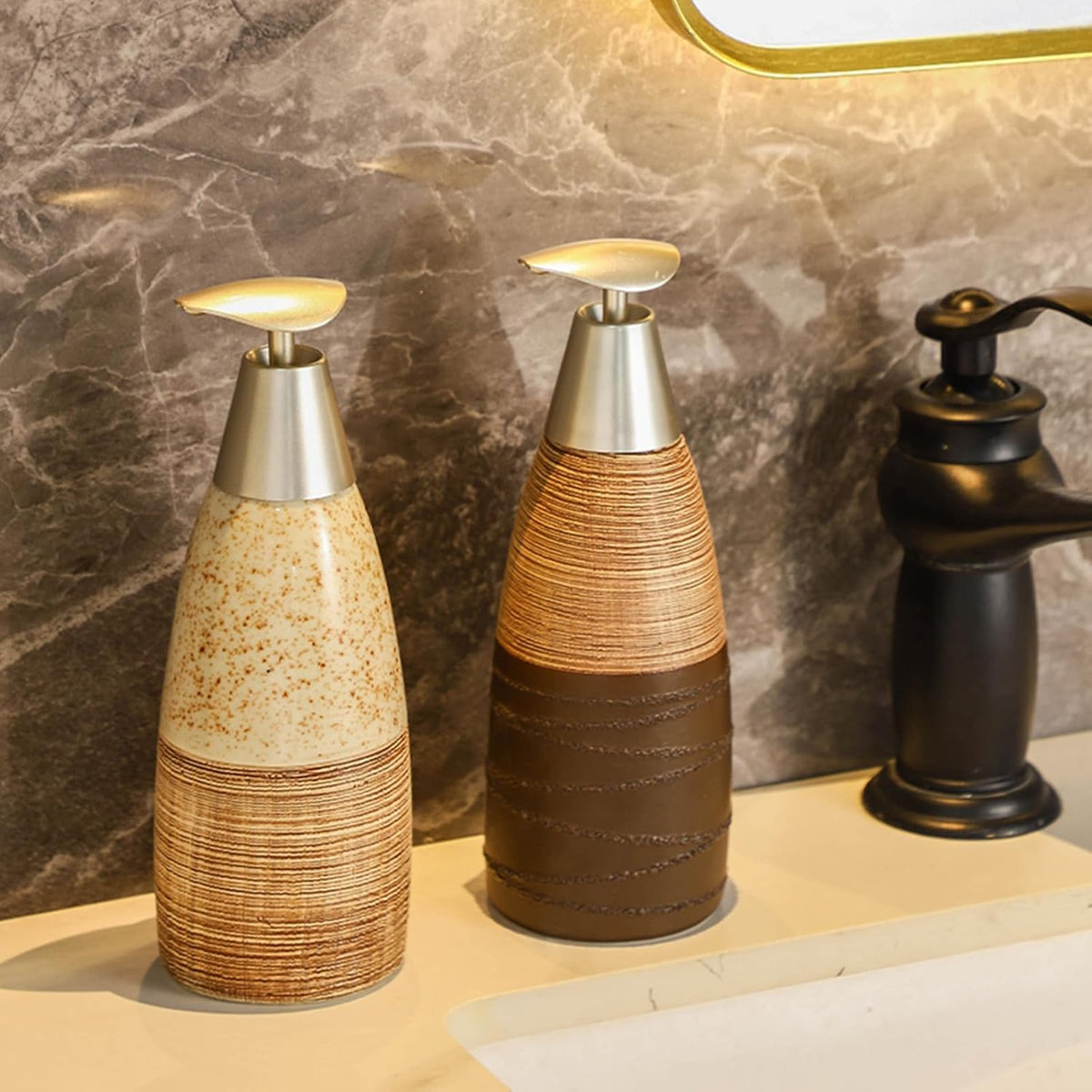 Ceramic Soap Dispenser with Plastic Pump – 12oz Refillable Liquid Dispenser for Bathroom, Kitchen, Office, Hotel, Airbnb, or Vacation Rental (Type C)
