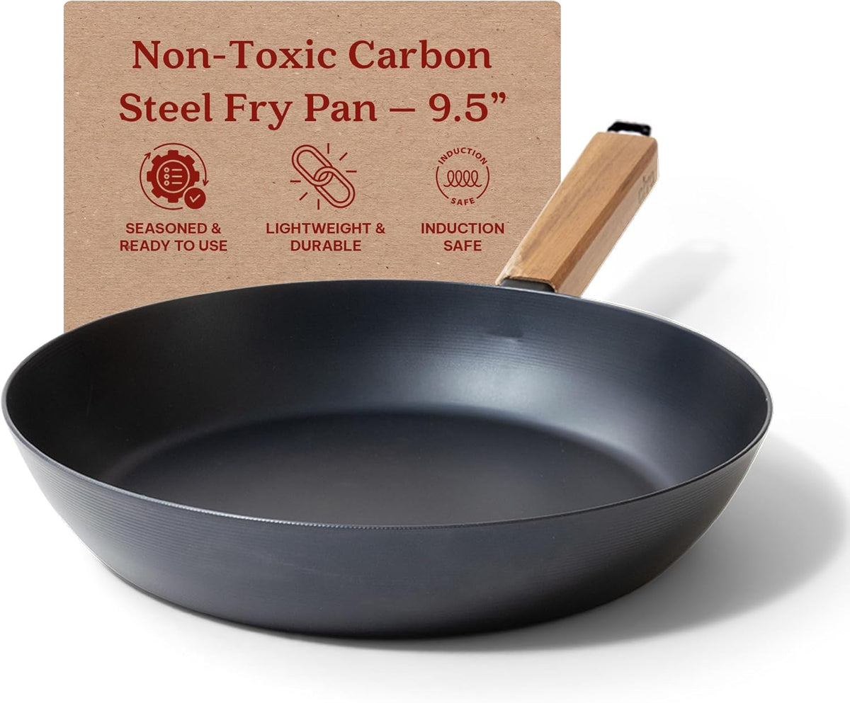 Alva Forest 9.5" Carbon Steel Frying Pan Pre-Seasoned, Lightweight Chef-Grade Skillet, Stay-Cool Acacia Handle, Natural Nonstick, Induction & All-Stove Compatible – Professional Restaurant Quality