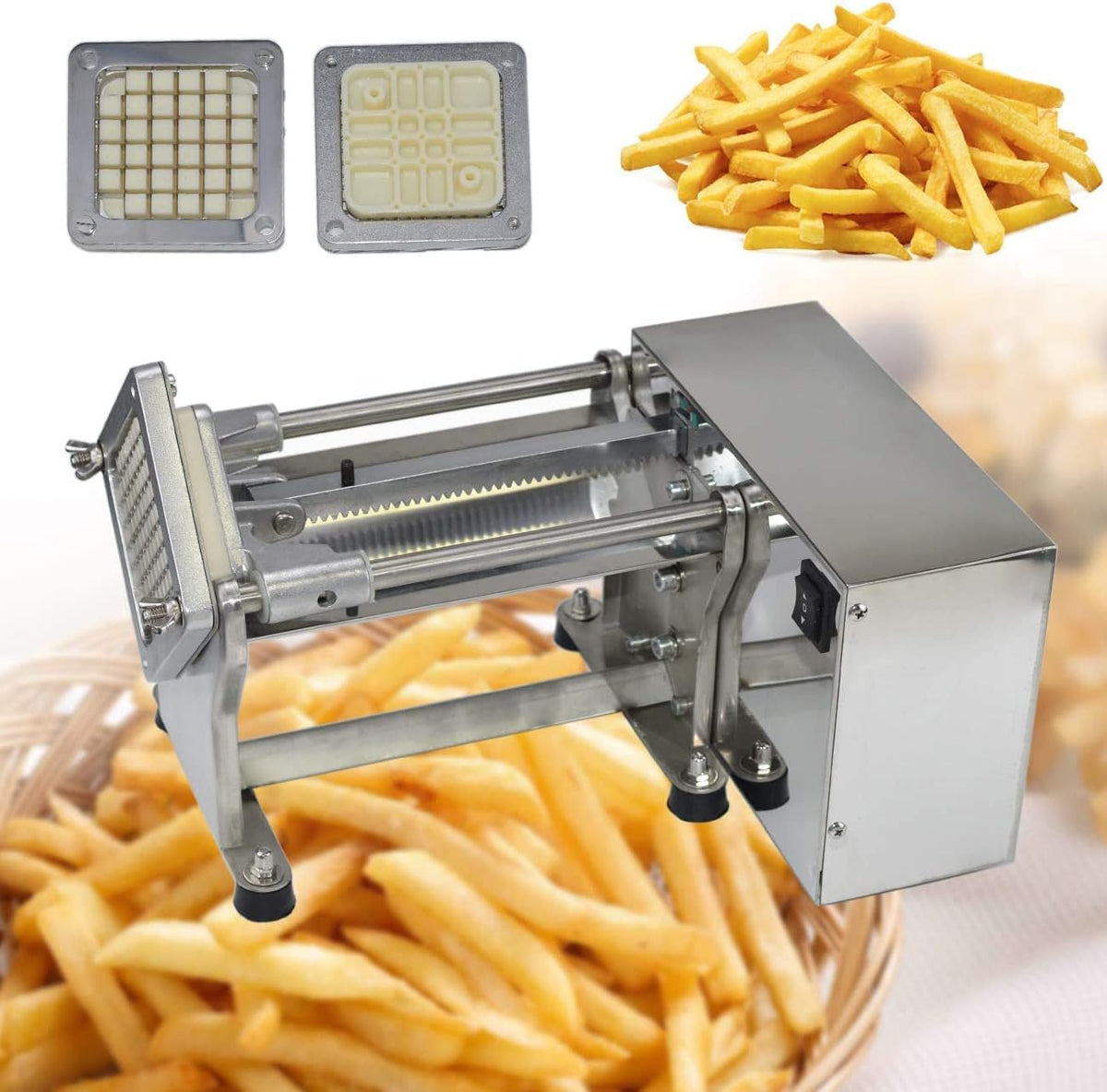 Electric French Fry Cutter Automatic Potato Chip Cutting Machine Stainless Steel Vegetable Slicer for Potatoes Carrots Cucumbers With 3 Sizes Of Replaceable Blades Suitable Commercial/Household