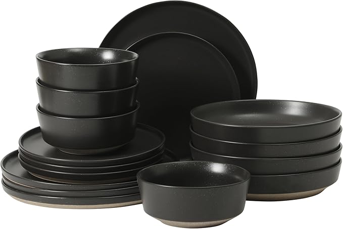 Gibson Elite Overbrook 16-Piece Pottery Clay Stoneware Dinnerware Set – Black Reactive Glaze, Stackable Plates and Bowls W/Pasta Bowl, Service for 4 – Microwave & Dishwasher Safe
