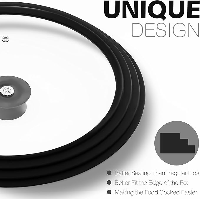Anaeat Silicone Universal Lid for Pots, Pans and Skillets - Tempered Glass Covered with Heat Resistant Silicone Rim Fits 10", 11" and 12" Diameter Cookware -Easy to Use Replacement Frying Pan Cover