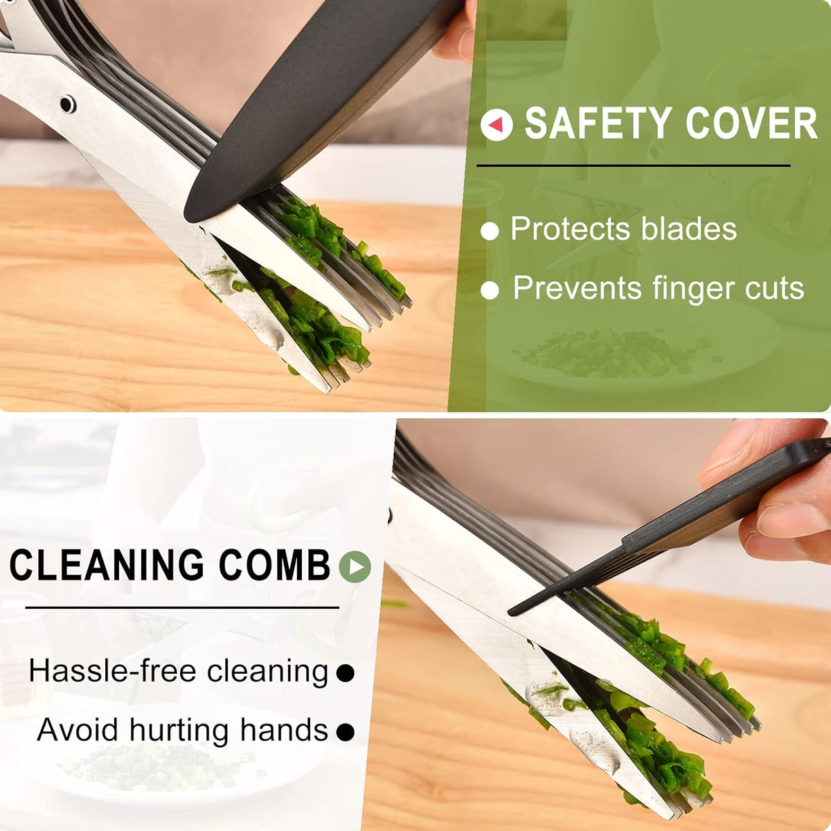 Herb scissors, Multipurpose Cutting Shears with 5 Blade Kitchen Salad Scissors, Safety Cover and Cleaning Comb for Chopping Cilantro Onion Basil Chive Parsley, Black