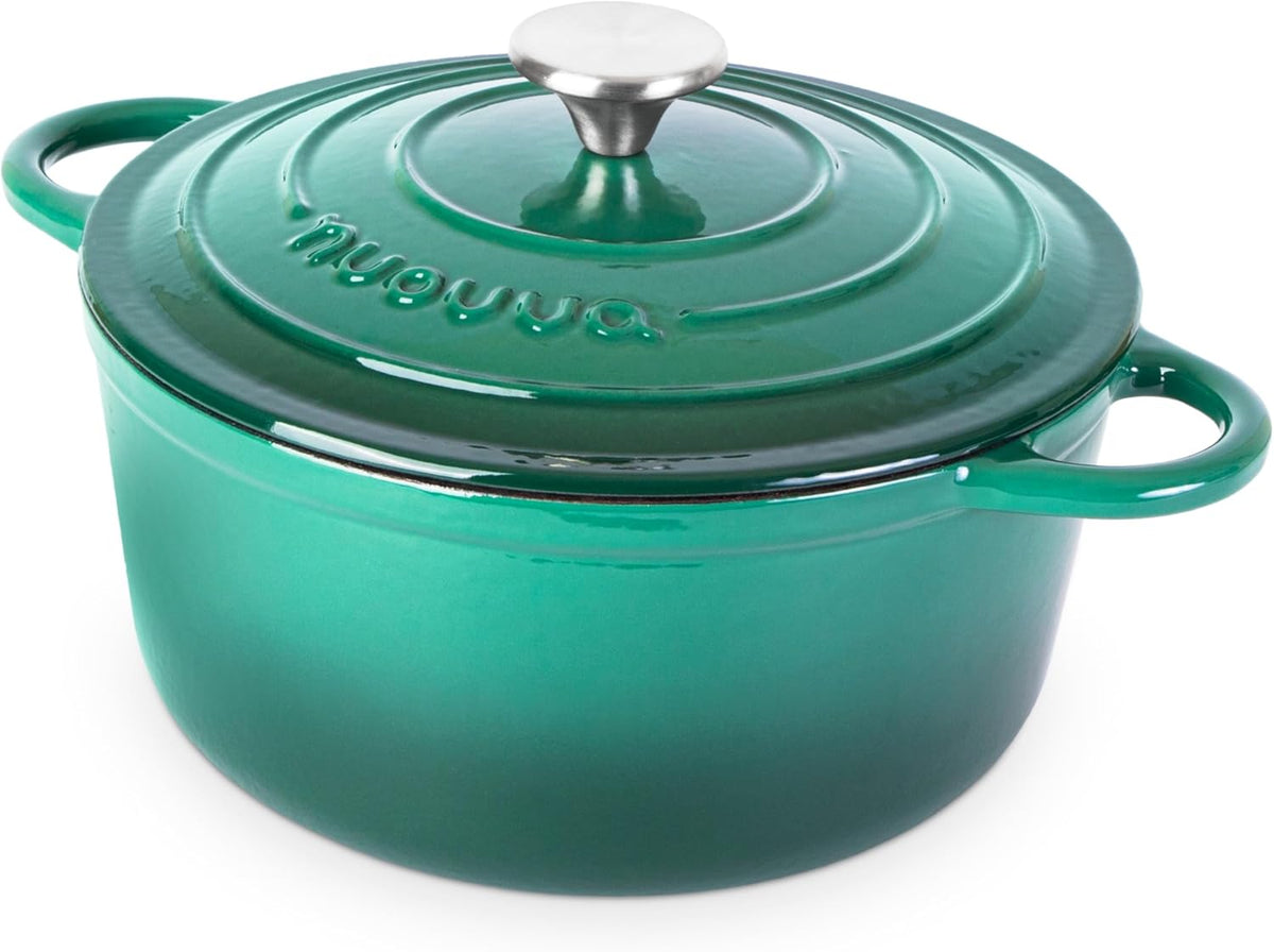 Cast Iron Dutch Oven with Lid – Non-Stick Ovenproof Enamelled Casserole Pot – Sturdy Dutch Oven Cookware – Dark Green, 5-Quart, 24cm – by Nuovva