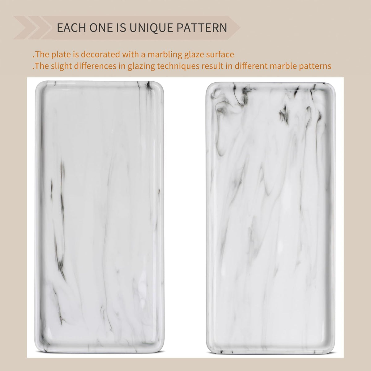 Gurygo 10" Bathroom Tray for Counter, Ceramic Vanity Trays for Bathroom, Small Rectangle Ceramic Trays, Kitchen Soap Ceramic Tray for Kitchen Counter, (Marble White, Set/1)