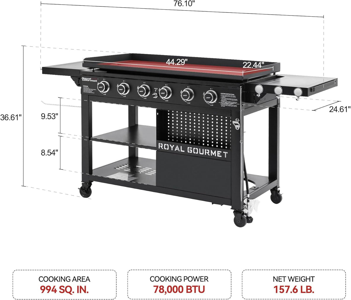 Royal Gourmet GB6000 6 Burner Propane Gas Griddle with Folding Side Tables, 44-Inch Flat Top Grill with Double-Layer Bottom Shelves for Outdoor Party or Backyard Barbecue, Black
