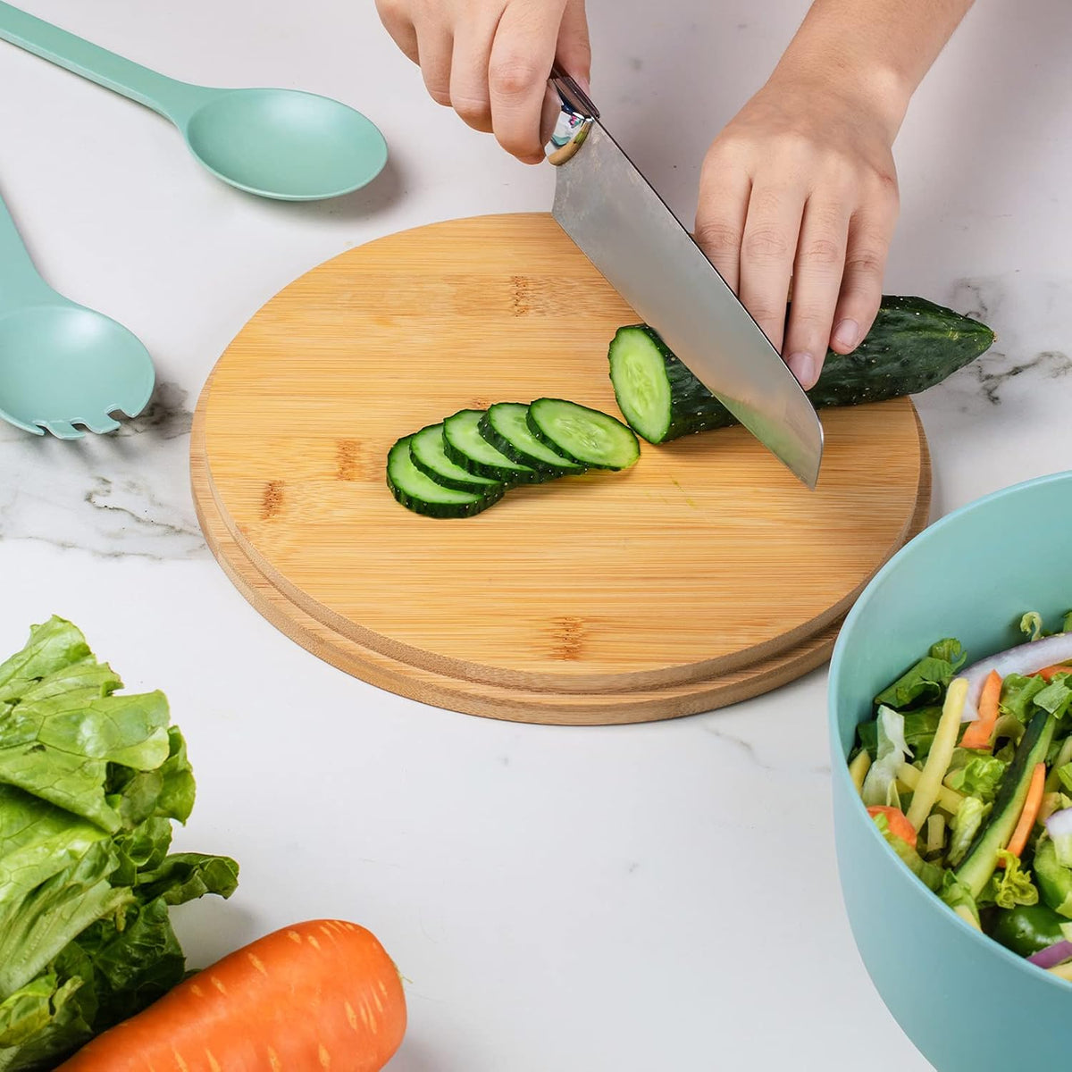 Bamboo Fiber 10 ″ Large Salad Serving Bowl Set with Wooden Lid & Servers, 3.5Qt Big Bowl with Utensils for Mixing Salad,Fruit,Pasta,Lightweight & Dishwasher Safe, Ideal Gift for Home - Teal Color