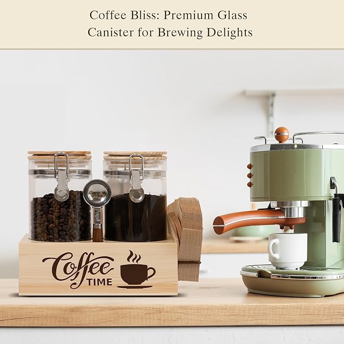 Glass Coffee Canister Set with Shelf & Spoon 2 Piece Coffee Containers for Coffee Bean Storage Airtight Seal, Coffee Bar Accessories Filter Holder for Kitchen Organization