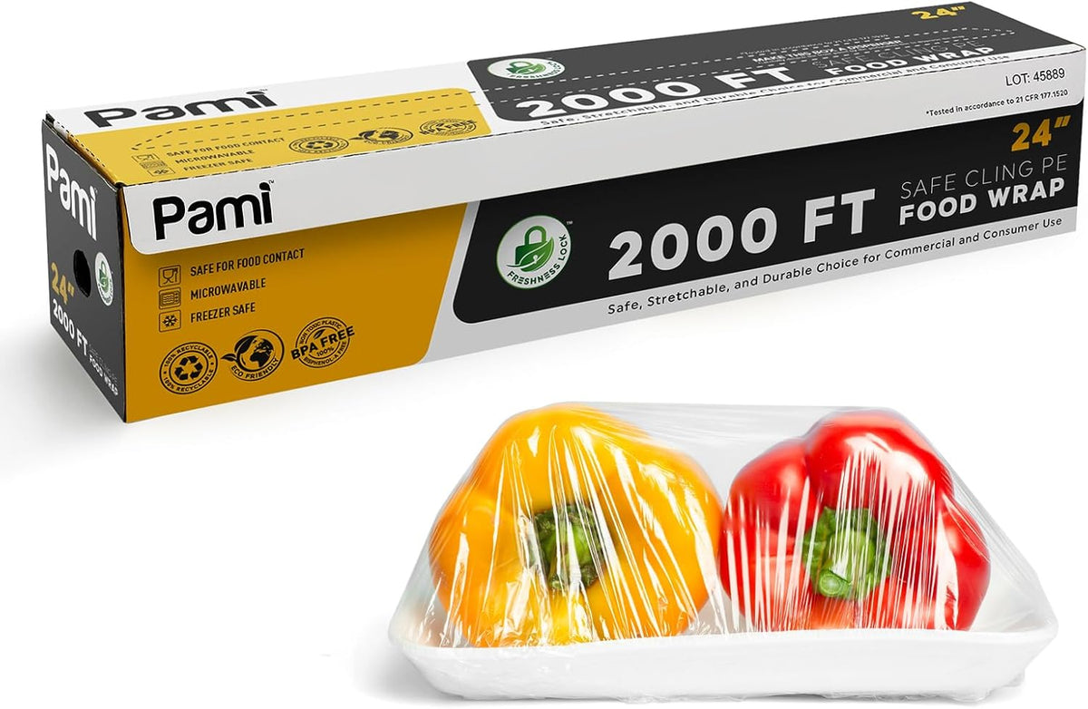 PAMI 24"X2000ft Clear Plastic Cling Wrap for Food, Bulk Commercial Food Wrap with Dispenser, Bpa-Free, Microwave & Freezer Safe