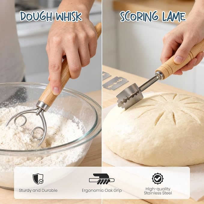 RORECAY Bread Banneton Proofing Basket Set, 9 Inch Round & 10 Inch Oval Cane Sourdough Baskets with Dough Whisk Lame Dough Scraper Bowl Scraper Silicone Brush Sourdough Bread Baking Supplies