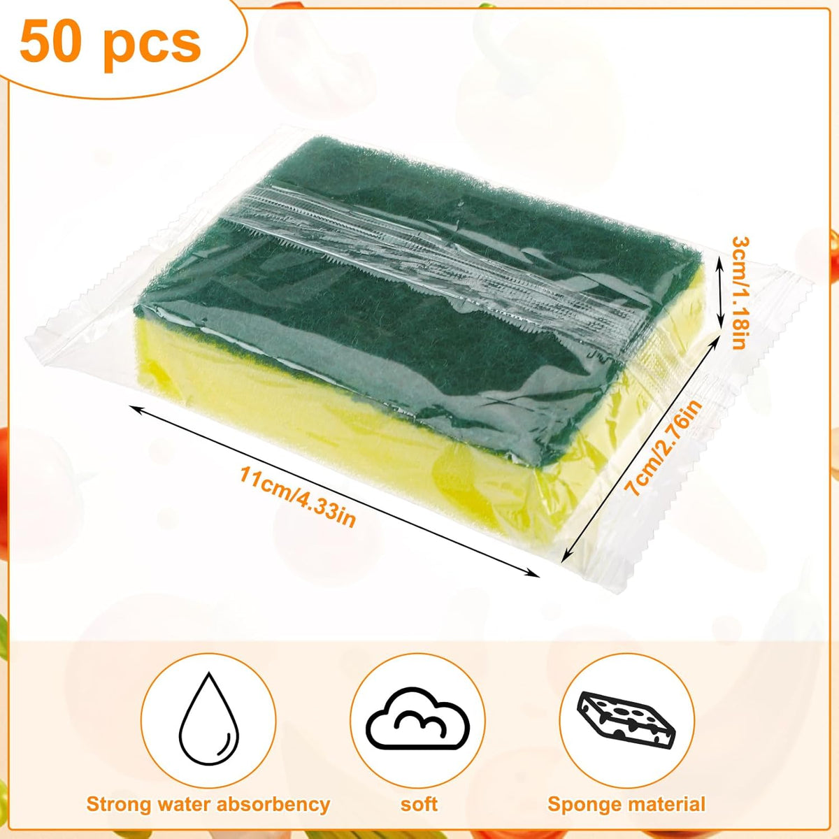 50 Pcs Individually Wrapped Sponges, Uncompressed Non Scratch Scrouing Sponges for Household Cleaning Dishes Kitchen Airbnb Apartment Car Bike Green