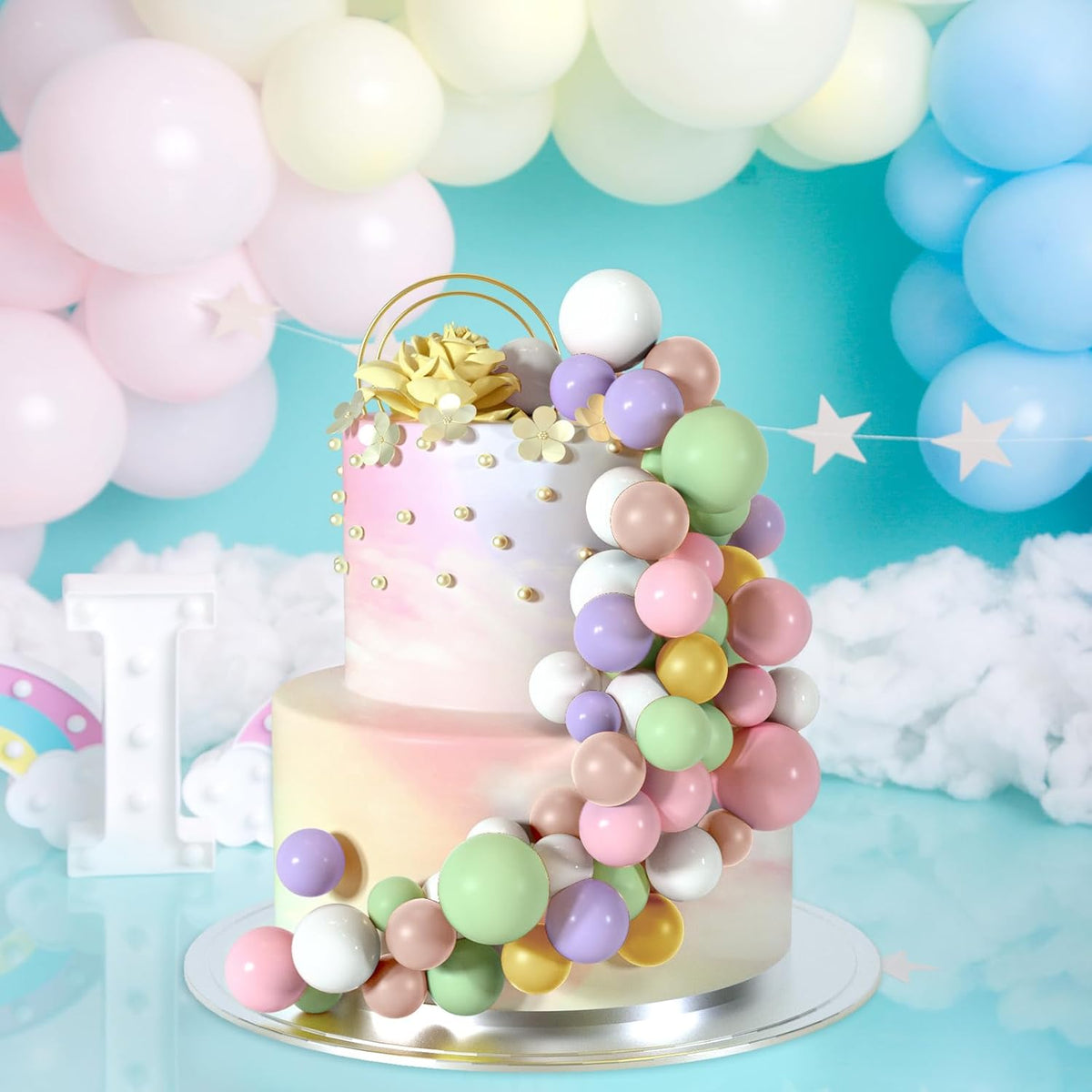 48 Pcs Balls Cake Topper Decorations Balloon Cupcake Toppers Foam Cake Topper Balls Cake Balls Decorations for Birthday Party Wedding Cake Decorating(Pink,Green,Yellow,Purple,Brown,White)