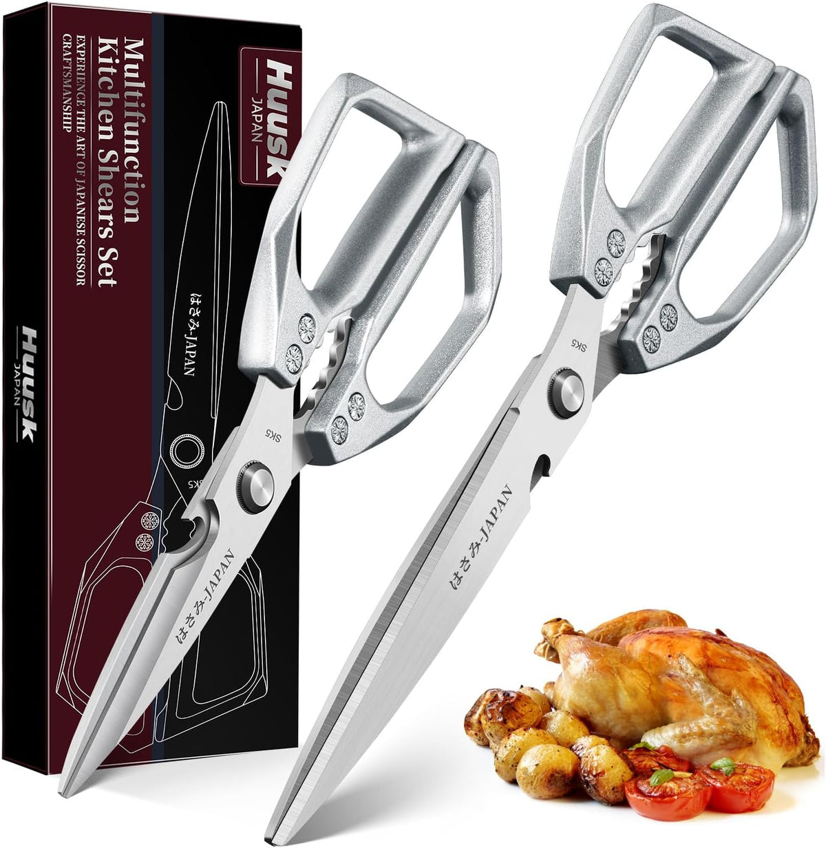 HUUSK Kitchen Scissors Set Silver - Upgraded Stainless Steel Kitchen Shear, Sharp Meat Scissors Dishwasher Safe, Heavy Duty Poultry Shears, Japanese Cooking Scissor for Food, Chicken Bones, and Turkey