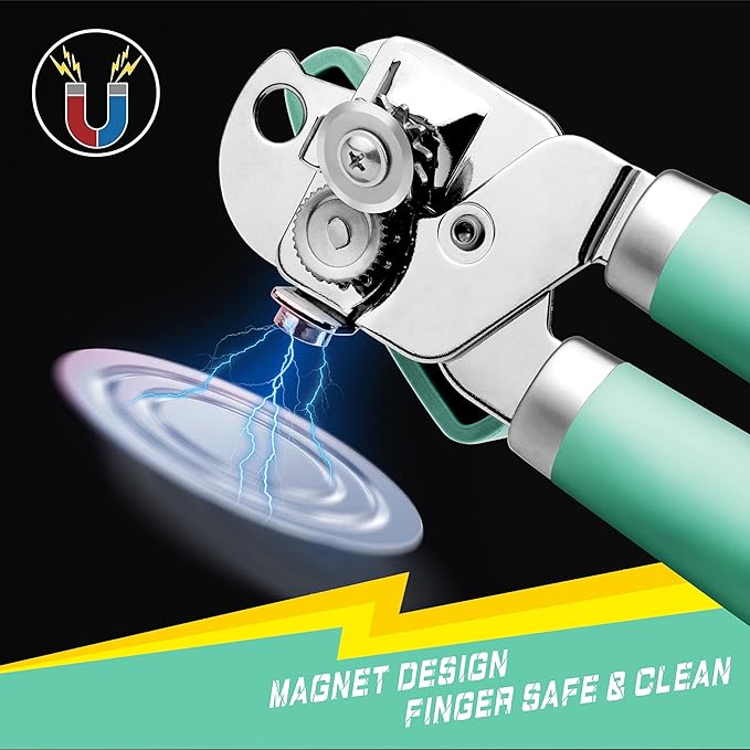 PrinChef Can Opener Manual, Can Tin Bottle Opener with Magnet - No-Trouble-Lid-Lift, Handheld Can Opener Smooth Edge with Sharp Blade, Heavy Duty and Easy to Use, for Seniors with Arthritis, Green