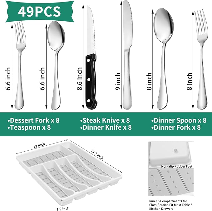 49PCS Silverware Set with Organizer, Stainless Steel Flatware Drawer Cutlery Set for 8, Kitchen Utensils with Steak Knives Mirror Polished Dinner Knife Forks Spoons Tableware Service Tray