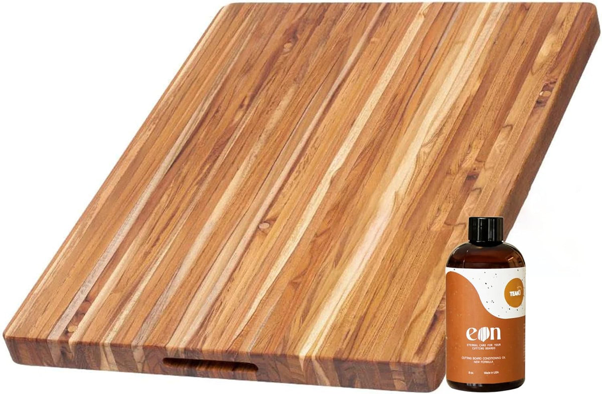 Teakhaus Carving Board and Cutting Board Oil Set - Includes Large (L) Wood Cutting Board with Grip Handles and EON Food Grade Mineral Oil - Knife-Friendly - FSC Certified
