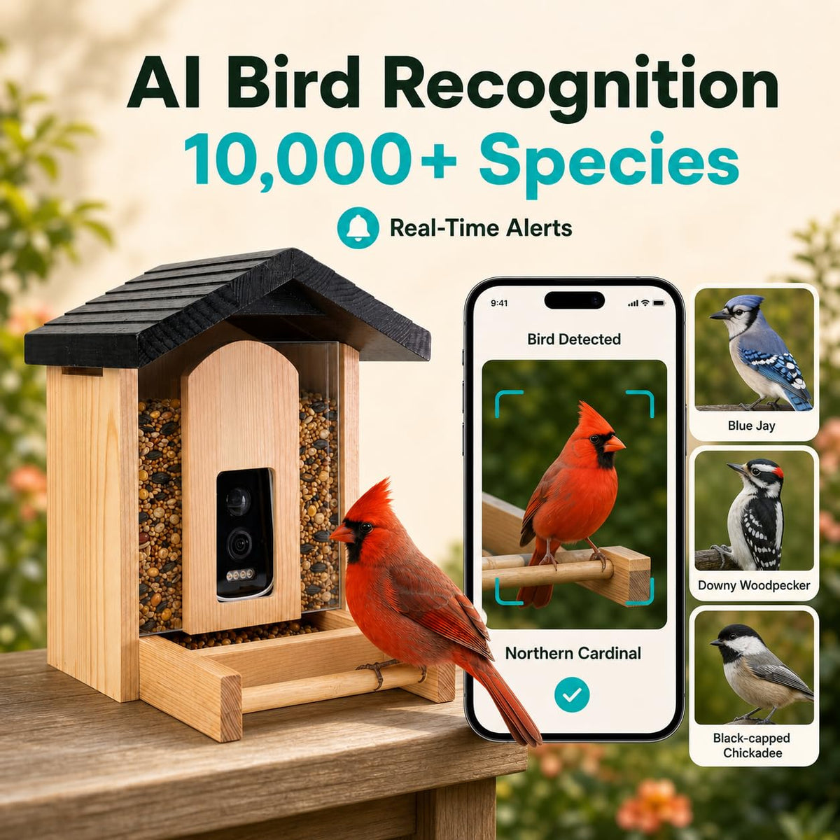 Smart Wooden Bird Feeder with 2.5k Ultra-Wide-Angle AI Camera Solar Powered