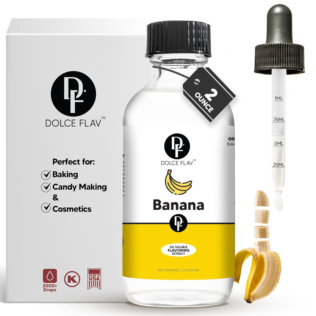 Dolce Flav Banana Extract – 2 Ounce Oil-Soluble Kosher, Sugar-Free, Concentrated Ripe Banana Flavoring for Baking, Smoothies & Ice Cream, Includes Measured Dropper