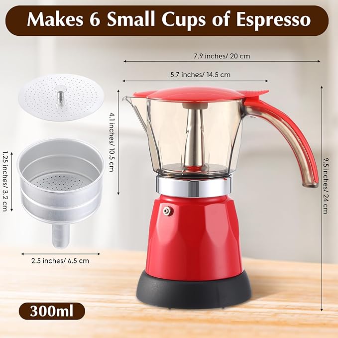 Electric Espresso Maker Transparent Coffee Maker Electric Moka Pot Portable Aluminum Espresso Machine Italian Moka Pot with Detachable Base, Coffee Gift for Women Men Home Travel(Red,6 Cup)