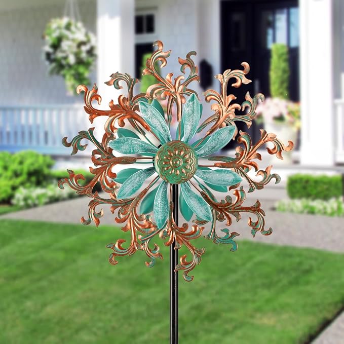 Viveta Wind Spinners Outdoor, Metal Wind Sculptures for Yard and Garden,13 * 57 "Double Windmill with Stable Stake