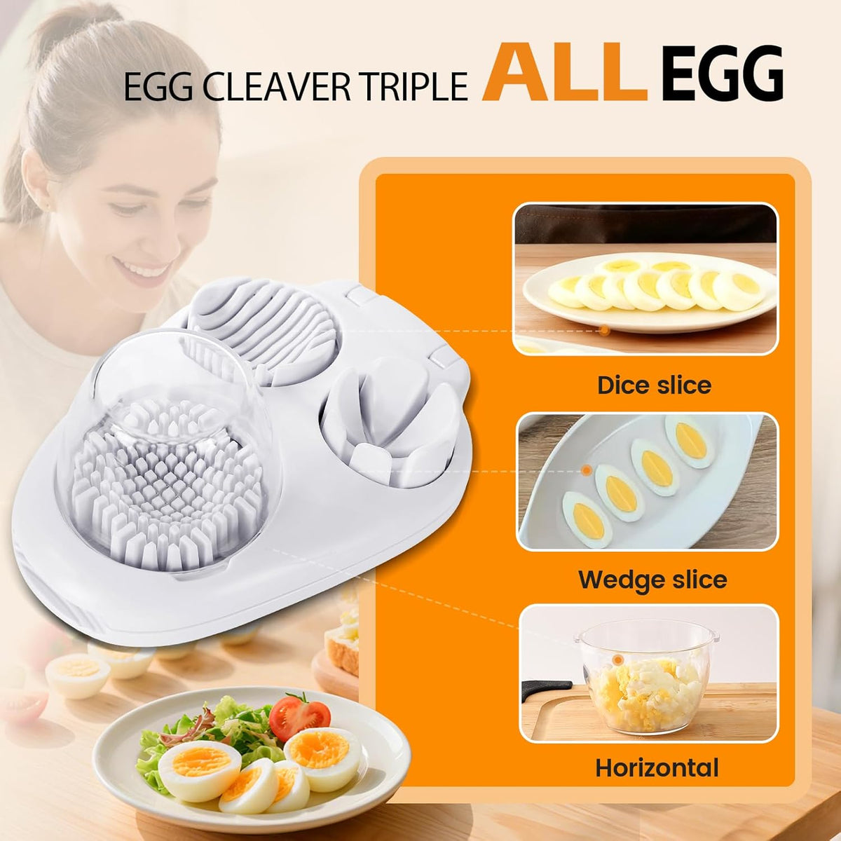 3-In-1egg Slicer For Hard Boiled Eggs,Stainless Heavy Duty Steel Egg Slicer Kitchen Gadget, Fit Strawberry,Apple,Banana,Cherry,Tomato,White