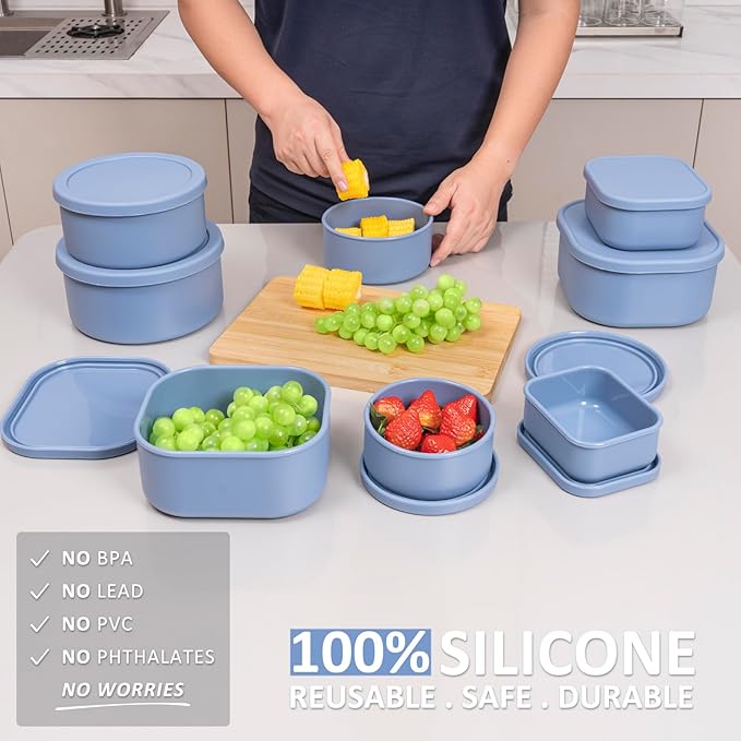 100% Silicone Food Storage Containers with Lids, 8 Pack, 10oz to 51oz, Reusable Leakproof Nesting & Stackable Silicone Bento Lunch Box, Microwave Freezer Dishwasher Oven Safe, BPA Free, Slate Blue