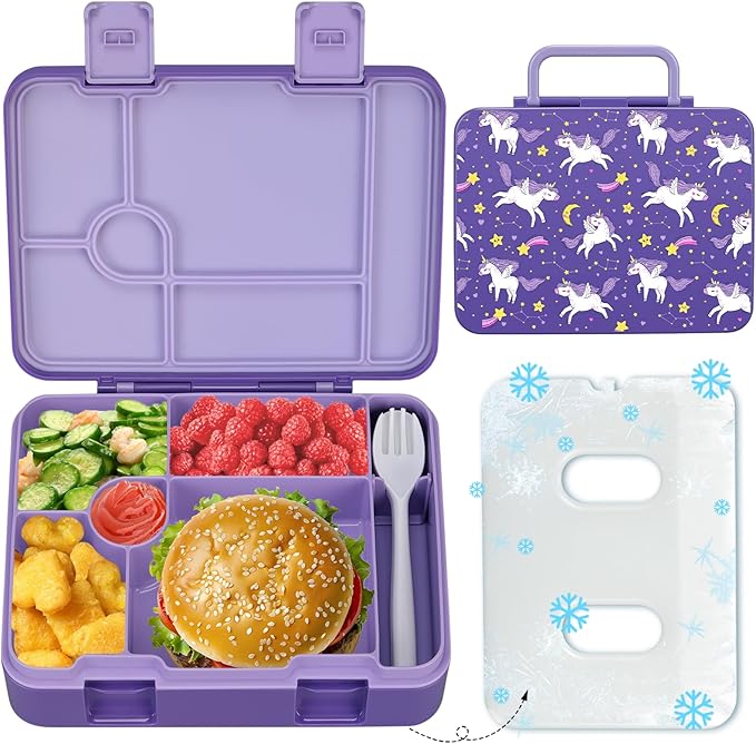 Chill Lunch Box Kids, Leak Proof Adult Bento Box with Ice Pack, 6 Compartment Lunch Container with Utensils for Girl Boy Back to School, 5.5-Cup Capacity, Dishwasher Safe, BPA Free